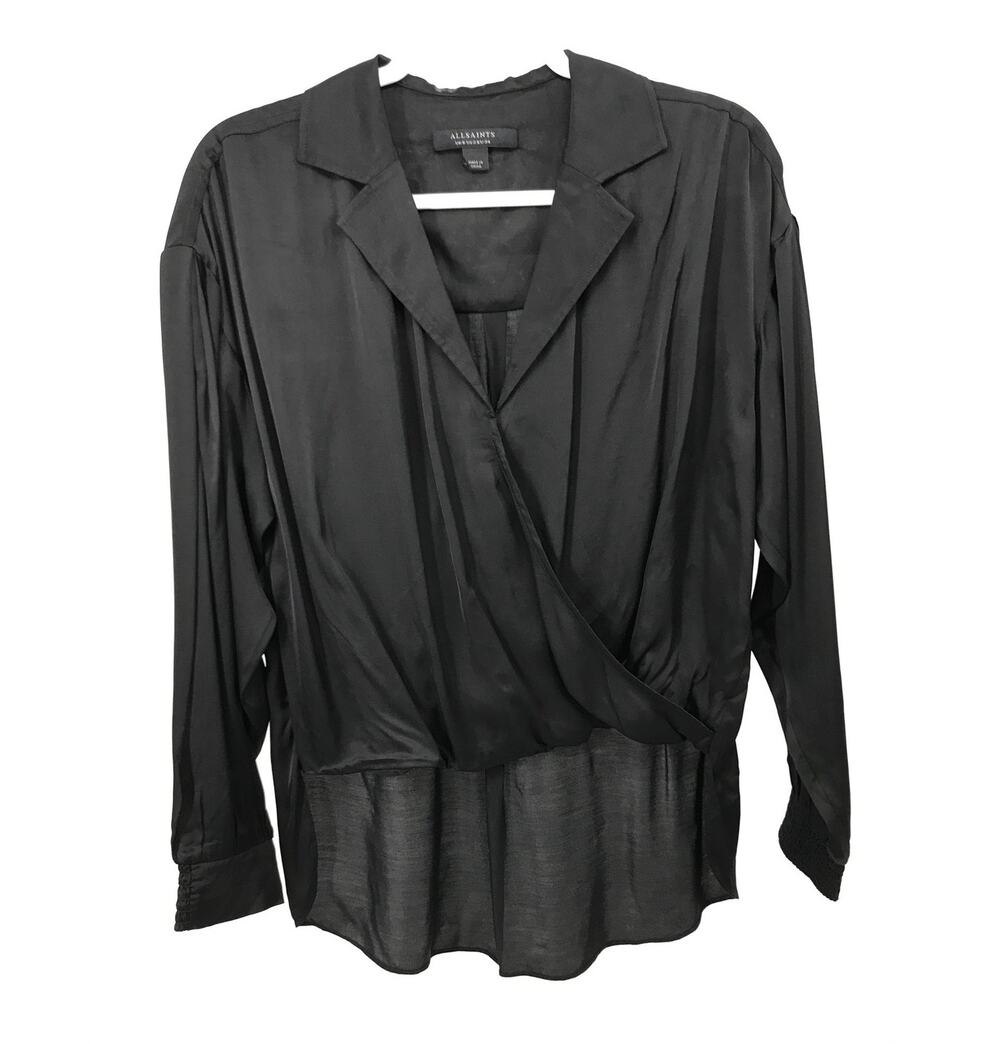 ALLSAINTS Penny Shirt Black Satin Bubble Front Blouse Womens 2 Long Sleeve